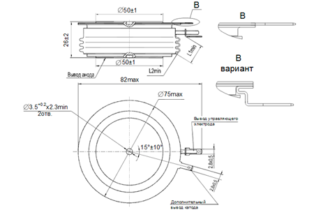 Рис.1. Габаритные и присоединительные размеры тиристоров Т353-800, Т53-800